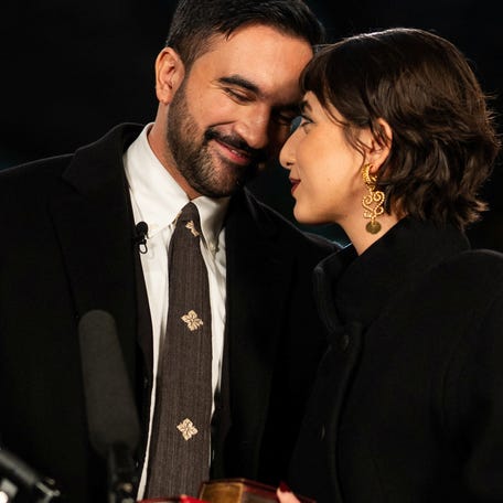 Zohran Mamdani and Rama Duwaji (right) at his swearing in at Old City Hall Station on Jan. 1, 2026.