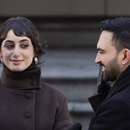Rama Duwaji looks at New York City mayor Zohran Mamdani during his New Year's Day inauguration ceremony at City Hall on Jan. 1, 2026.
