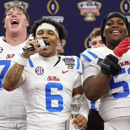 NEW ORLEANS, LOUISIANA - JANUARY 01: Trinidad Chambliss #6 of the Ole Miss Rebels speaks to the fan after defeating the Georgia Bulldogs during the 2025 College Football Playoff Quarterfinal at the Allstate Sugar Bowl at Caesars Superdome on January 01, 2026 in New Orleans, Louisiana. (Photo by Chris Graythen/Getty Images)