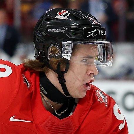 Canada forward Gavin McKenna skates against Finland during group play at the 2026 IIHF World Junior Championship in Minnesota.