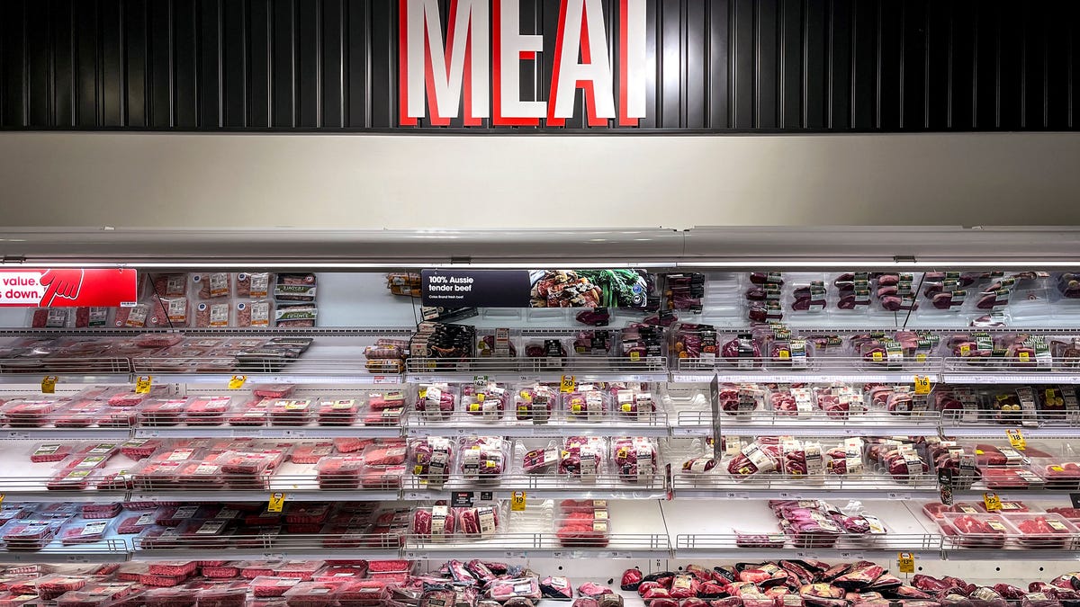 Australian beef products on display for sale at a supermarket in Sydney on April 3, 2025.