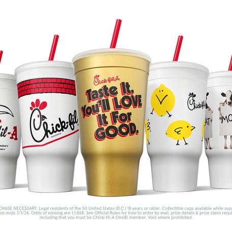 EMBARGOED FOR USE UNTIL 8 A.M. ON MONDAY, JAN. 5. – The $3.99 Classic Cups will be available for a limited time starting January 5.   Each cup will be wrapped so you can't see the design and 3,000 specialty Gold Fan Cups – shown in the middle – come with a prize of a year's worth of free Chick-fil-A food.
