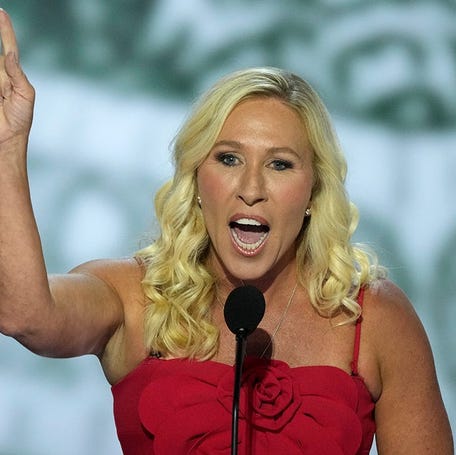 Rep. Marjorie Taylor Greene, R-Ga. speaks during the first day of the Republican National Convention, July 15, 2024.
