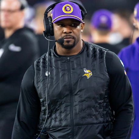 Minnesota Vikings defensive coordinator Brian Flores against the Los Angeles Rams during an NFC wild card game at State Farm Stadium in Glendale, Arizona on Jan. 13, 2025.