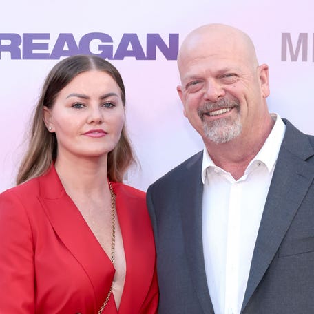Angie Polushkin and Rick Harrison attend the Los Angeles premiere of "Reagan" at TCL Chinese Theatre on Aug. 20, 2024.