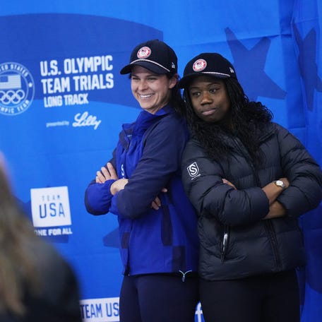 Brittany Bowe, left, and Erin Jackson, right, qualify for the 2026 Olympic team in the 1,000 meters during the U.S. Olympic long track speed skating Olympic team trials on Saturday January 3, 2026 at the Pettit National Ice Center in Milwaukee, Wisconsin.