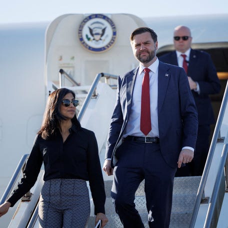 U.S. Vice President JD Vance exits Air Force Two at Lehigh Valley International Airport in Allentown, Pennsylvania, on Dec. 16, 2025.