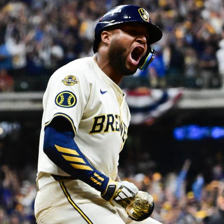 Brewers star Jackson Chourio celebrates after hitting a three-run home run against the Cubs during Game 2 of the NL division series at American Family Field in Milwaukee on Oct. 6, 2025.
