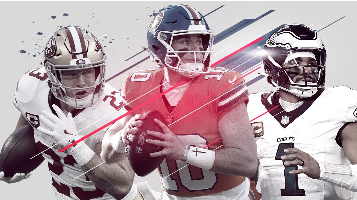 Christian McCaffery of the San Francisco 49ers, Bo Nix of the Denver Broncos and Jalen Hurts of the Philadelphia Eagles