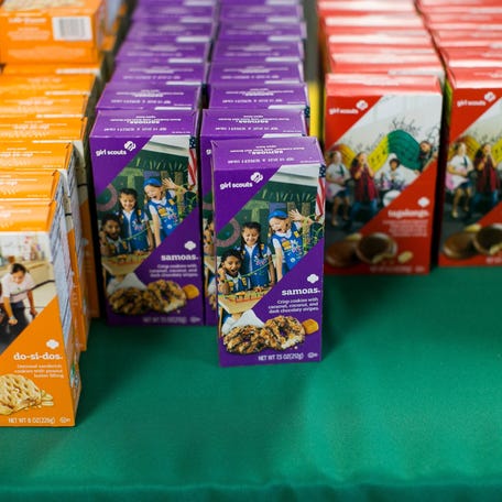 Girl Scout cookies displayed at a booth in Rockford, Illinois on Feb. 26, 2021.