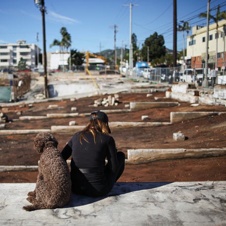 A woman with a dog sits near a cleared lot during the "They Let Us Burn!" residents' rally for fairness, accountability and a vision for rebuilding their community, on the first anniversary of the deadly Palisades Fire in the Pacific Palisades neighbourhood in Los Angeles, Jan. 7, 2026.
