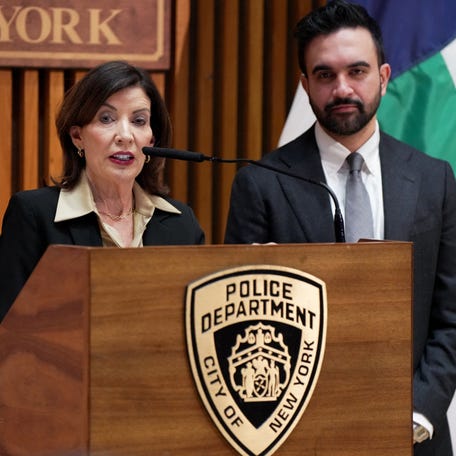 New York Gov. Kathy Hochul speaks next to New York City Mayor Zohran Mamdani at a news conference on Jan. 6, 2026.