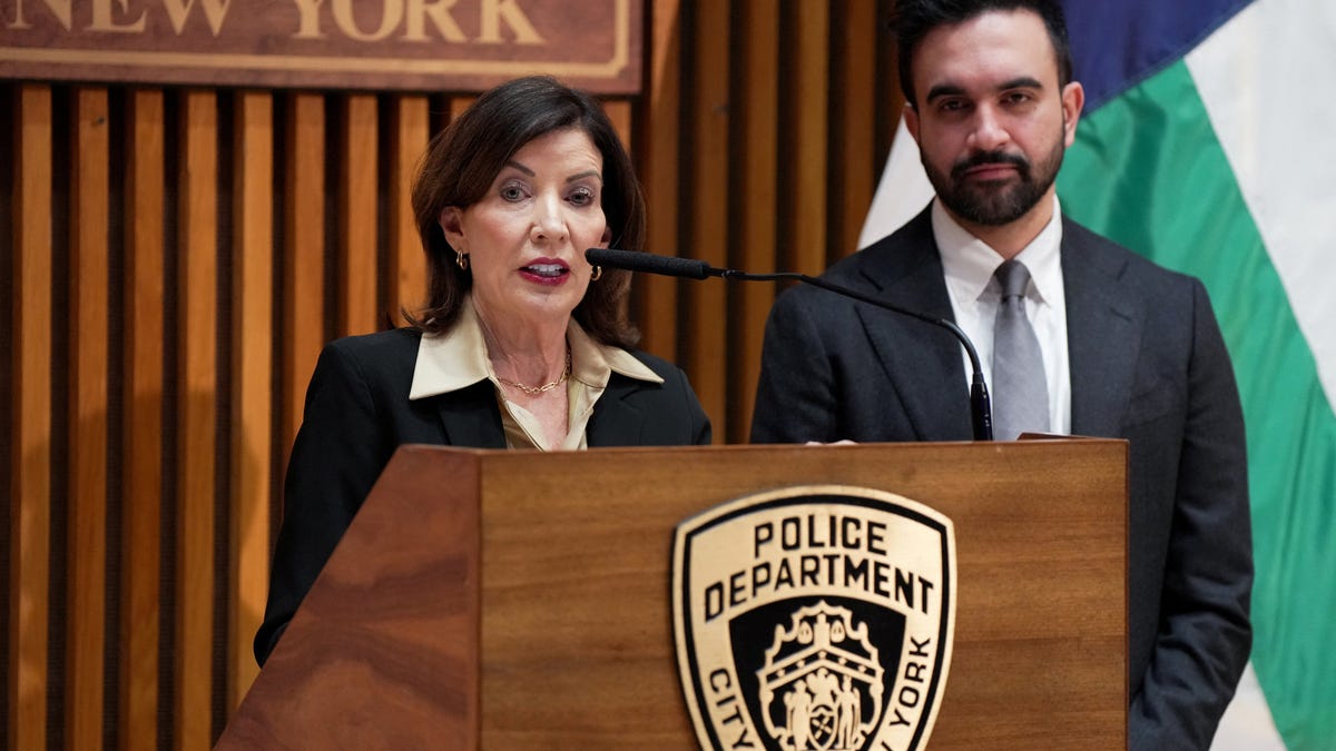 New York Governor Kathy Hochul speaks next to New York City Mayor Zohran Mamdani at a press conference at NYPD headquarters in New York City on Jan. 6, 2026.