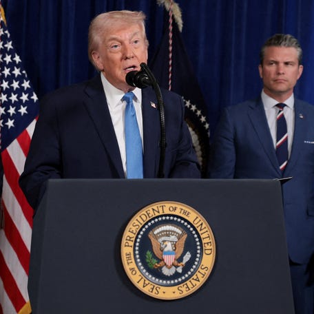 Donald Trump speaks alongside Secretaries of State and Defense Marco Rubio and Pete Hegseth.