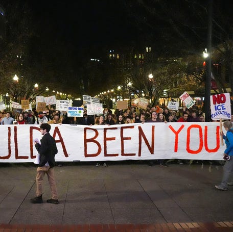Protesters against Immigration and Customs Enforcement rally in Knoxville, Tennessee, on Jan. 8, 2026, a day after an ICE agent fatally shot a woman in Minneapolis, Minnesota.