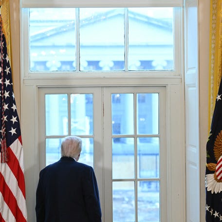 President Donald Trump observes construction work on his new ballroom prior to a meeting with oil company executives at the White House on Jan. 9, 2026.