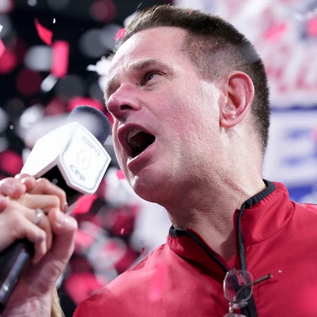 Indiana Hoosiers head coach Curt Cignetti is interviewed as confetti falls Friday, Jan. 9, 2026, after defeating the Oregon Ducks in the Peach Bowl and semifinal game of the College Football Playoff at Mercedes-Benz Stadium in Atlanta.