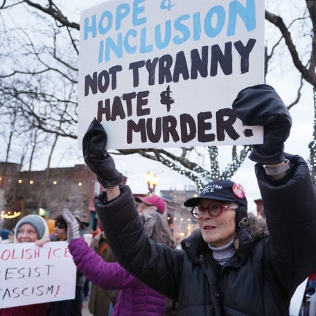 Janice Lessman-Moss joins with others at a vigil in Kent, Ohio on Jan. 9, 2026 for Renee Nicole Good, who shot was shot and killed by ICE in Minnesota.