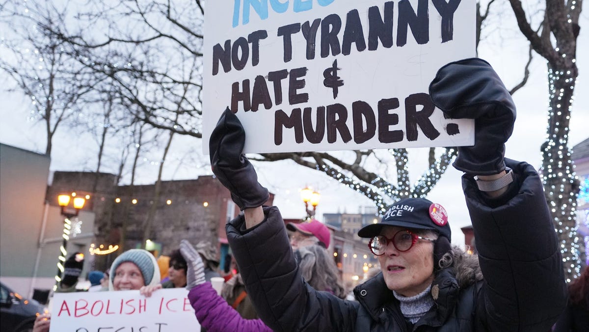 Janice Lessman-Moss joins with others at a vigil in Kent, Ohio on Jan. 9, 2026 for Renee Nicole Good, who shot was shot and killed by ICE in Minnesota.