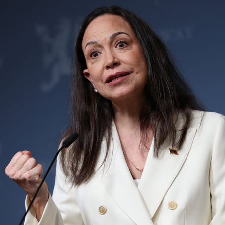 Nobel Peace Prize laureate and Venezuelan opposition leader Maria Corina Machado speaks during a press conference in Oslo, Norway December 11, 2025.