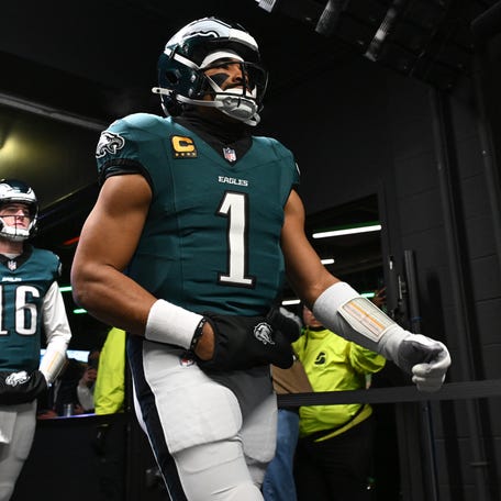 Dec 14, 2025; Philadelphia, Pennsylvania, USA; Philadelphia Eagles quarterback Jalen Hurts (1) walks out of the tunnel prior to the game before the Las Vegas Raiders at Lincoln Financial Field.