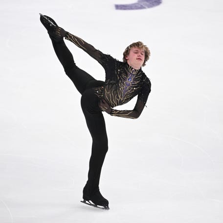 Jan 10, 2026; St. Louis, Missouri, UNITED STATES; Ilia Malinin competes in the men's free skate during the 2026 U.S. Figure Skating Championships at Enterprise Center. Mandatory Credit: Jeff Le-Imagn Images