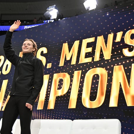 Jan 10, 2026; St. Louis, Missouri, UNITED STATES; Ilia Malinin celebrates after winning first place in the men's free skate during the 2026 U.S. Figure Skating Championships at Enterprise Center. Mandatory Credit: Jeff Curry-Imagn Images