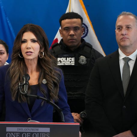 Homeland Security Secretary Kristi Noem speaks at press conference to discuss ongoing U.S. Immigration and Customs Enforcement (ICE) operations, as part of U.S. President Donald Trump's immigration policy, at One World Trade Center in New York City, U.S., January 8, 2026.
