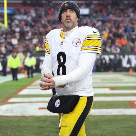 Pittsburgh Steelers quarterback Aaron Rodgers (8) looks on after the game against the Cleveland Browns at Huntington Bank Field in Cleveland on Dec. 28, 2025.