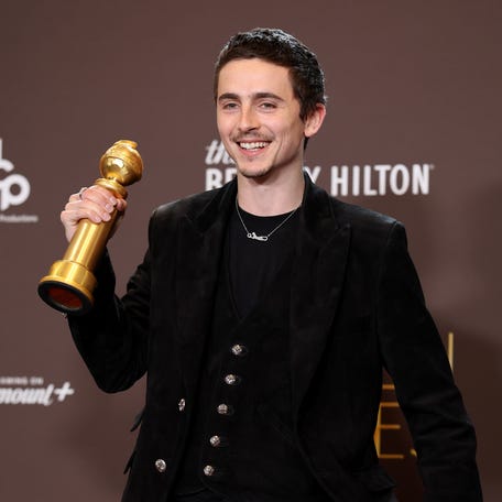 Timothee Chalamet, winner of the best performance by a male actor in a motion picture - musical or comedy award for "Marty Supreme" poses in the press room during the 83rd Annual Golden Globe Awards at The Beverly Hilton on Jan. 11, 2026 in Beverly Hills, California.