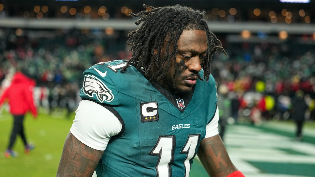 A.J. Brown #11 of the Philadelphia Eagles walks off the field after his team's 23-19 loss against the San Francisco 49ers in the NFC Wild Card Playoff game at Lincoln Financial Field on January 11, 2026 in Philadelphia, Pennsylvania.
