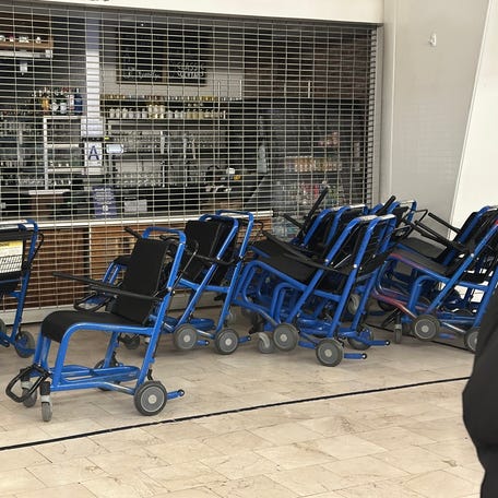 What can really only be described as "a pile of wheelchairs" at John F. Kennedy International Airport in New York.