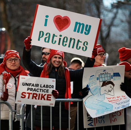 Members of the New York State Nurses Association strike in the Manhattan borough of New York City on Jan. 12, 2026.