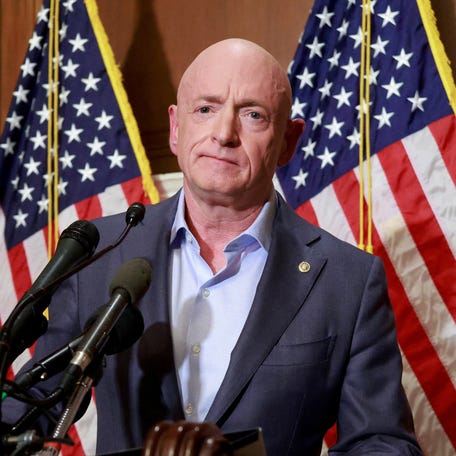 Sen. Mark Kelly, D-Arizona, holds a news conference at the U.S. Capitol in Washington, DC, on Dec. 1, 2025.
