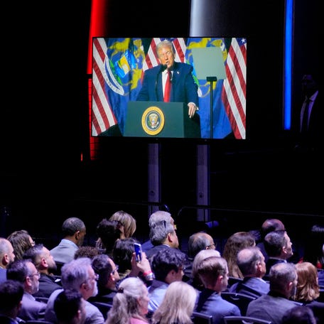 The Detroit Economic Club crowd listens to President Donald Trump speak at Soundboard inside the MotorCity Casino Hotel in Detroit on Tuesday, Jan. 13, 2026.