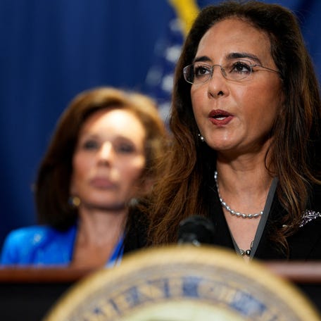 Assistant Attorney General for Civil Rights Harmeet Dhillon speaks about Elias Rodriguez, suspected of fatally shooting two Israeli embassy staff members outside the Capital Jewish Museum, at the Justice Department in Washington, D.C., U.S., August 7, 2025. REUTERS/Kent Nishimura