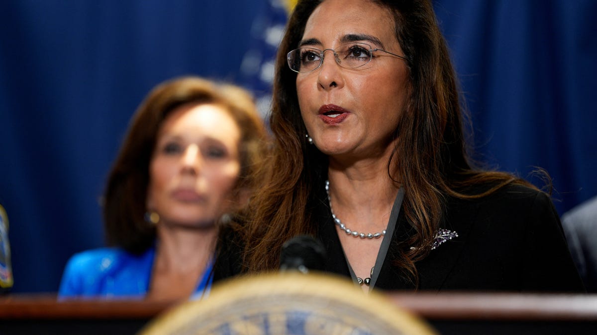 Assistant Attorney General for Civil Rights Harmeet Dhillon speaks about Elias Rodriguez, suspected of fatally shooting two Israeli embassy staff members outside the Capital Jewish Museum, at the Justice Department in Washington, D.C., U.S., August 7, 2025. REUTERS/Kent Nishimura