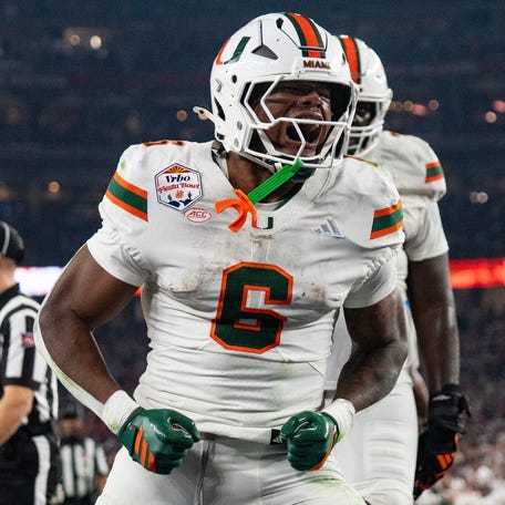 Miami Hurricanes running back CharMar Brown (6) celebrates his touchdown during the CFP Fiesta Bowl in Glendale, Arizona, on Jan. 8, 2026.