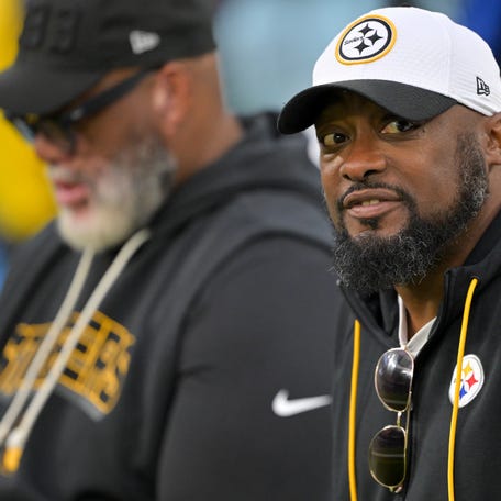 Pittsburgh Steelers head coach Mike Tomlin looks on during warmups before the game against the Los Angeles Chargers at SoFi Stadium on Nov. 9, 2025, in Inglewood, California.