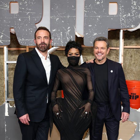 NEW YORK, NEW YORK - JANUARY 13: (L-R) Ben Affleck, Teyana Taylor, and Matt Damon attend Netflix's "The Rip" New York Premiere at Alice Tully Hall, Lincoln Center on January 13, 2026 in New York City. (Photo by Cindy Ord/Getty Images)