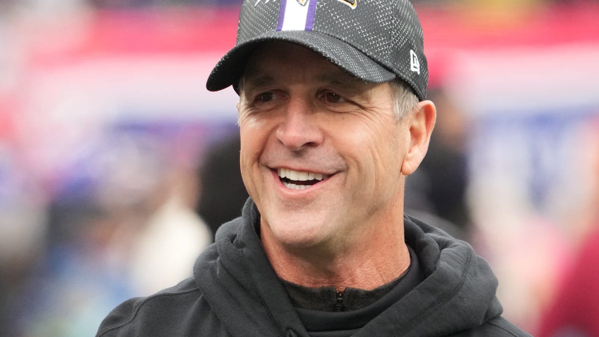 Baltimore Ravens head coach John Harbaugh pre game against the New York Giants at MetLife Stadium.