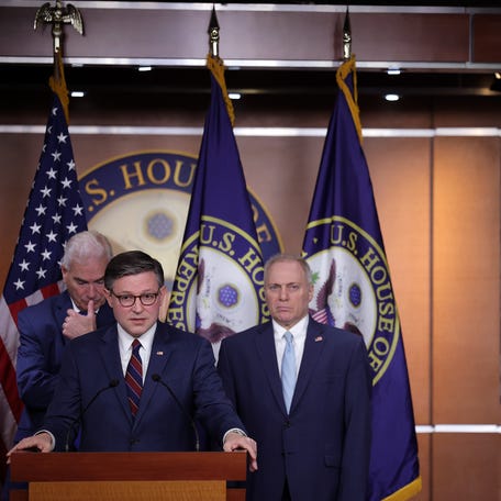 Speaker of the House Mike Johnson (R-LA), joined by House Majority Whip Tom Emmer (R-MN) and House Majority Leader Steve Scalise (R-LA), holds a news conference following a House Republican Conference meeting at the U.S. Capitol on January 13, 2026.