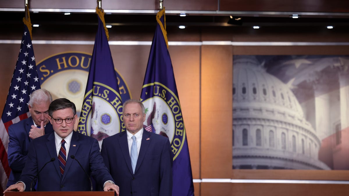 Speaker of the House Mike Johnson (R-LA), joined by House Majority Whip Tom Emmer (R-MN) and House Majority Leader Steve Scalise (R-LA), holds a news conference following a House Republican Conference meeting at the U.S. Capitol on January 13, 2026.