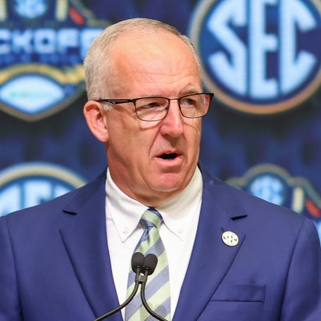 Jul 16, 2025; Atlanta, GA, USA; SEC commissioner Greg Sankey speaks to the media during the SEC Media Day at Omni Atlanta Hotel. Mandatory Credit: Jordan Godfree-Imagn Images