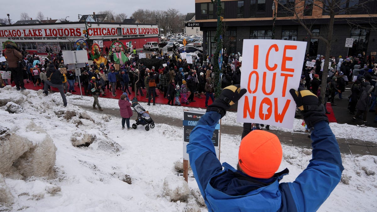 Protesters against Immigration and Customs Enforcement rally in Minneapolis on Jan. 10, 2026.