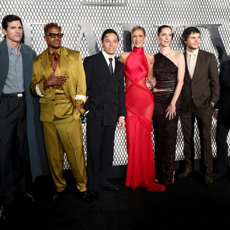 NEW YORK, NEW YORK - JANUARY 14: (L-R) Ashton Kutcher, Jeremy Pope, Anthony Ramos, Bella Hadid, Rebecca Hall, Evan Peters, and Isabella Rossellini attend FX's "The Beauty" New York Premiere at Museum of Modern Art on January 14, 2026 in New York City. (Photo by Theo Wargo/Getty Images)