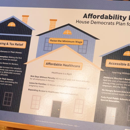An affordability plan presented by House Democrats of Kansas is seen during a press conference during the first day of the legislative session on Jan. 12, 2026.