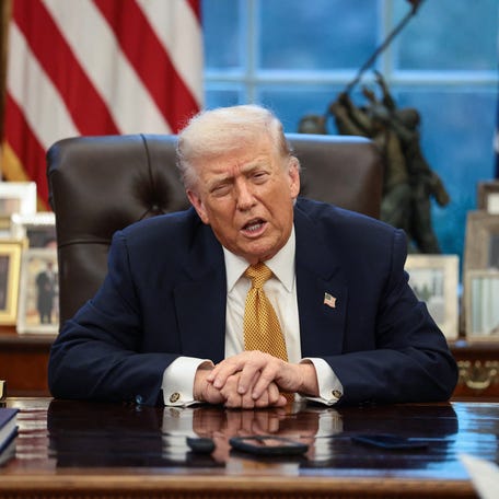 President Donald Trump is interviewed by Reuters White House correspondent Steve Holland (not pictured) in the Oval Office on Jan. 14, 2026.