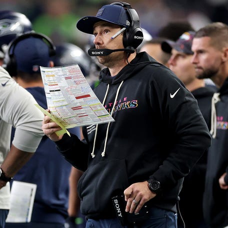 Offensive coordinator Klint Kubiak of the Seattle Seahawks looks on against the Houston Texans at Lumen Field on October 20, 2025 in Seattle, Washington.