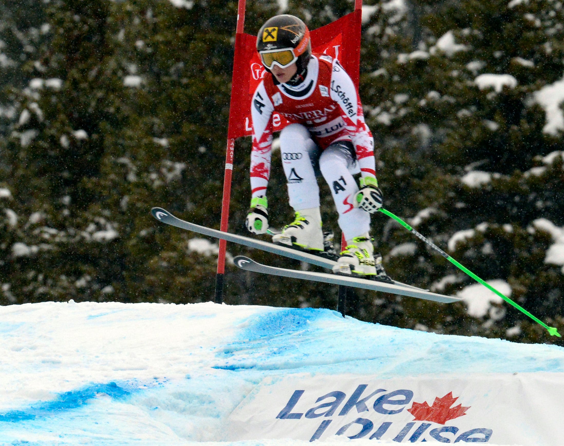 Anna Fenninger of Austria competes during the women's downhill in the FIS alpine skiing World Cup at Lake Louise Ski Resort.